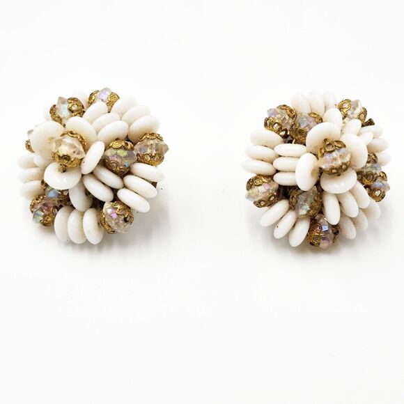 West Germany Clear AB & White Cluster Clip On Earrings Gold Tone 50s 60s Retro - Picture 1 of 5